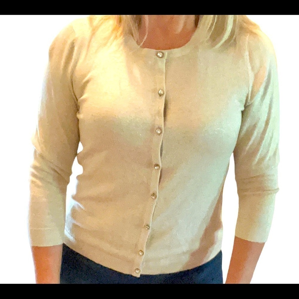 Light golden/tan cardigan sweater with gold metallic threads throughout, small
